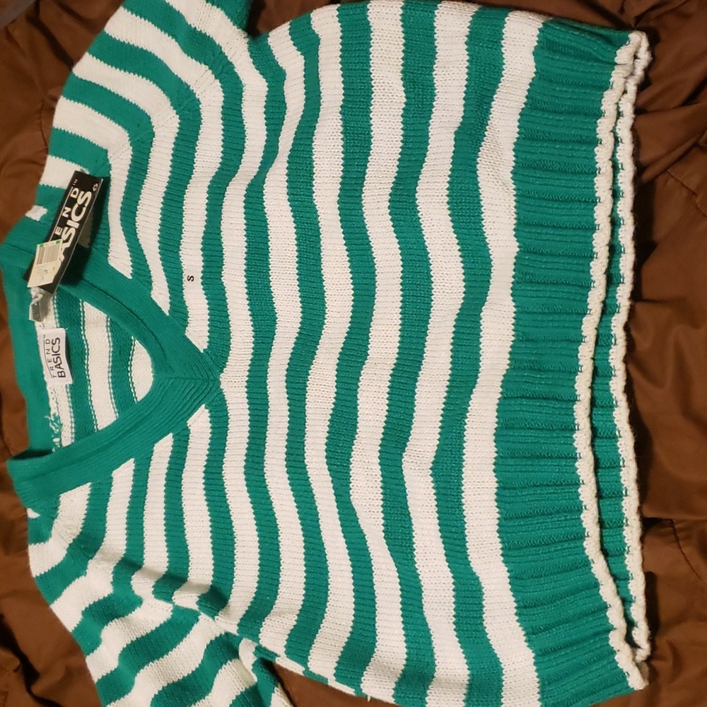 New trend basic raime cotton green and white striped v neck pullover sweater